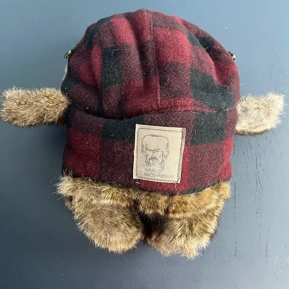 Mad bomber maroon plaid bomber hat with rabbit fur - Picture 8 of 8